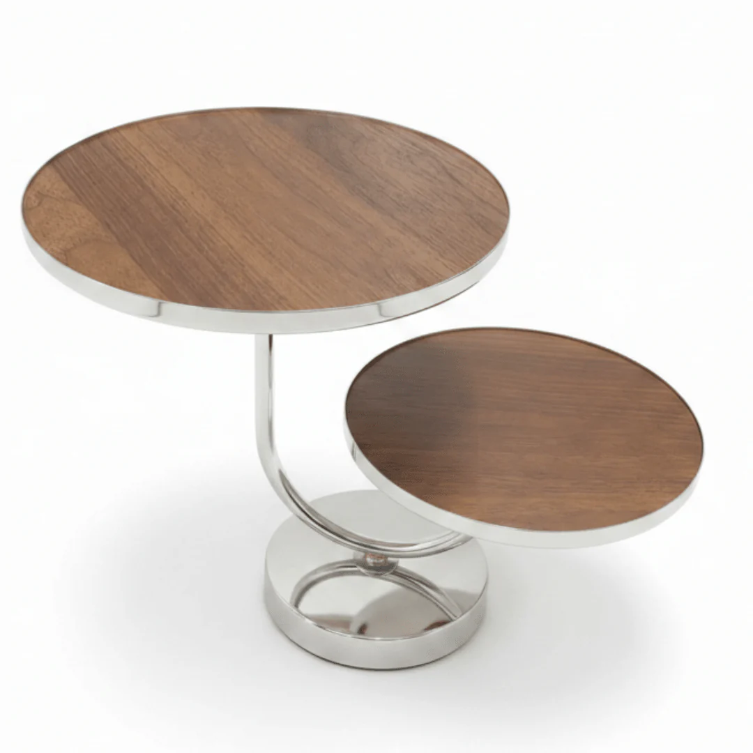 May Flower 2-Tier Round Wooden Cake Stand | Silver Stainless Steel Base | 25×20cm