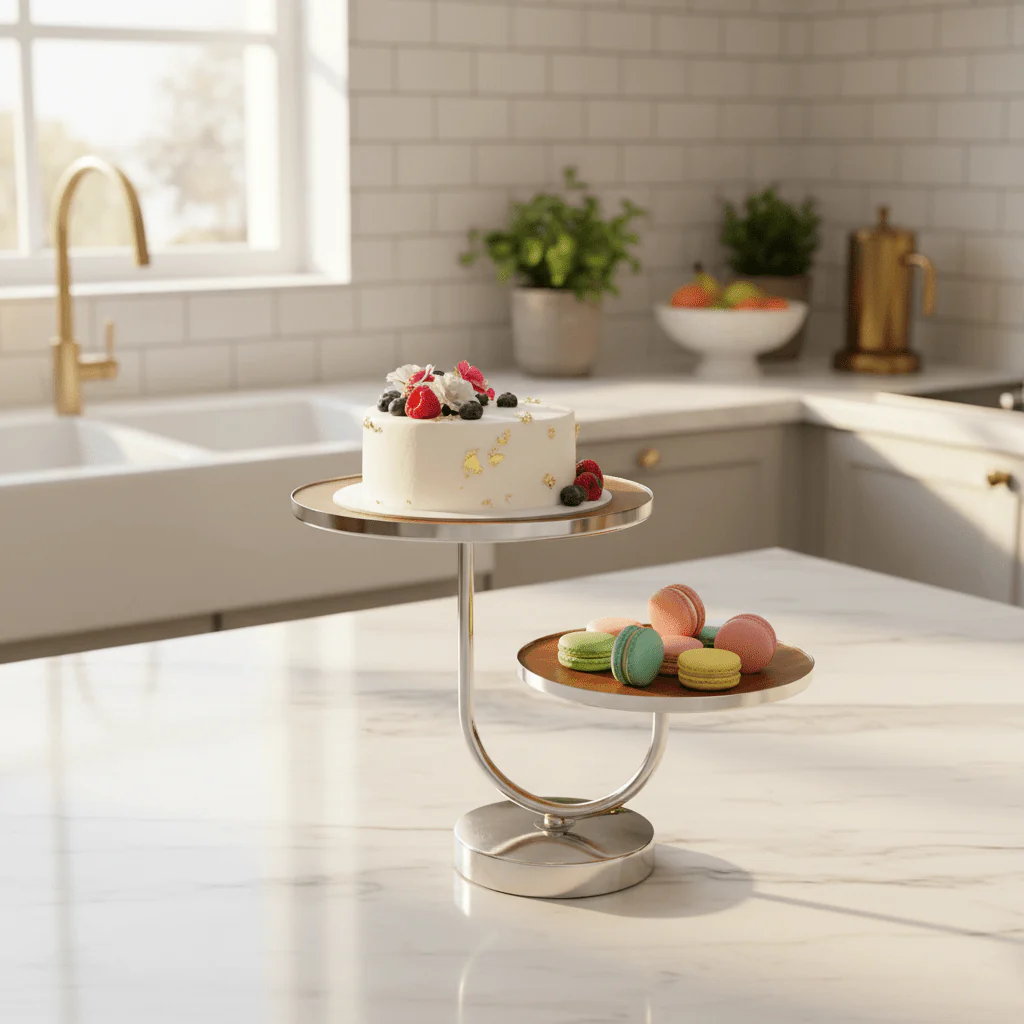 May Flower 2-Tier Round Wooden Cake Stand | Silver Stainless Steel Base | 25×20cm - Image 2