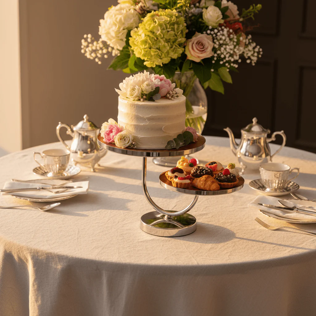 May Flower 2-Tier Round Wooden Cake Stand | Silver Stainless Steel Base | 25×20cm - Image 3