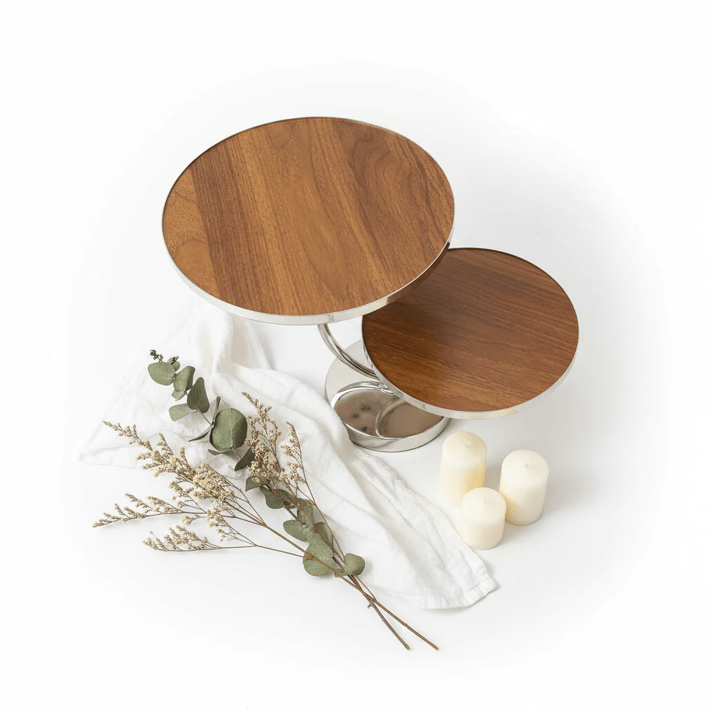 May Flower 2-Tier Round Wooden Cake Stand | Silver Stainless Steel Base | 25×20cm - Image 4