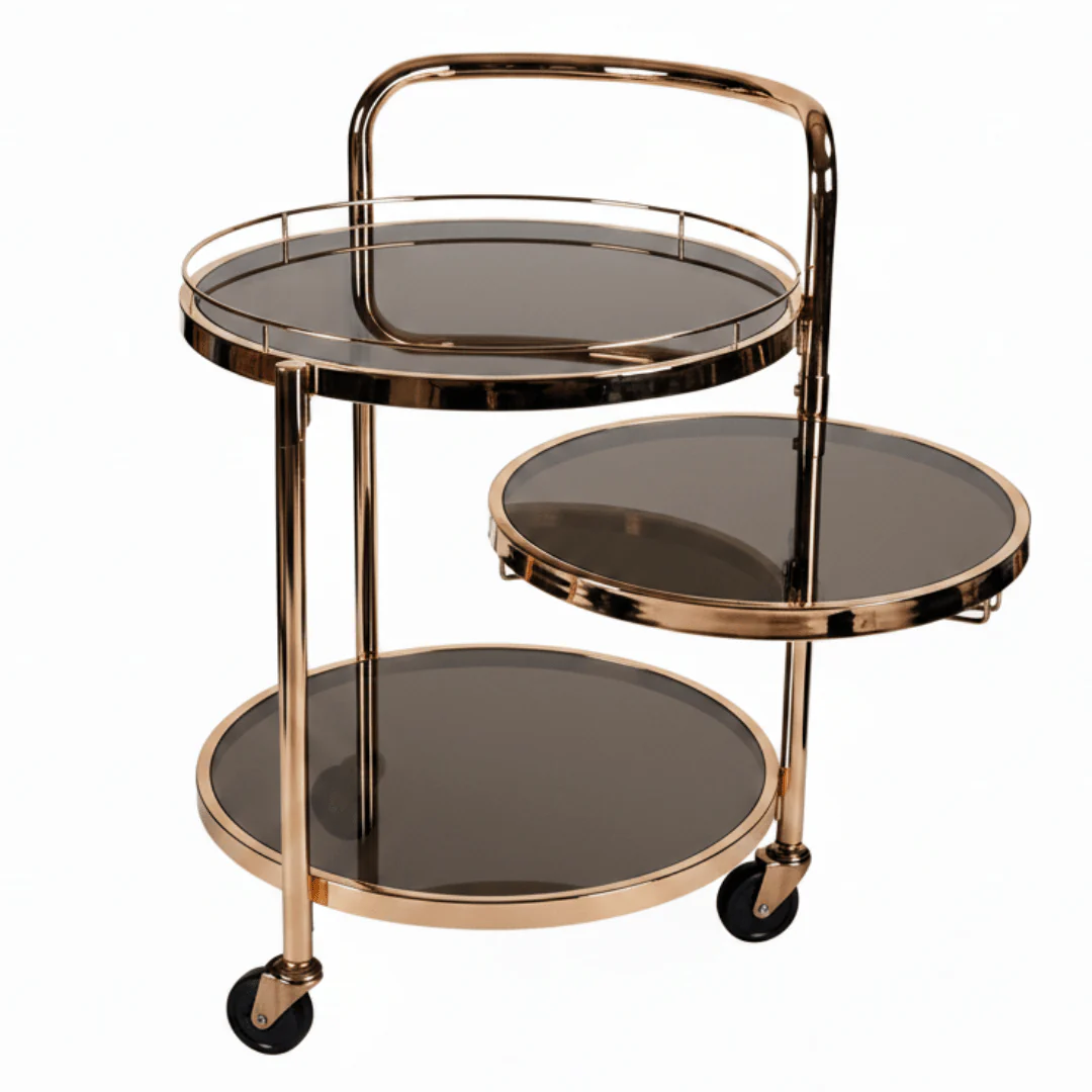 MayFlower 3-Tier Rose Gold Metal & Smoked Glass Serving Trolley with Castor Wheels | Luxury Cart for Living Room, Majlis & Dining | 60×54×44 cm |