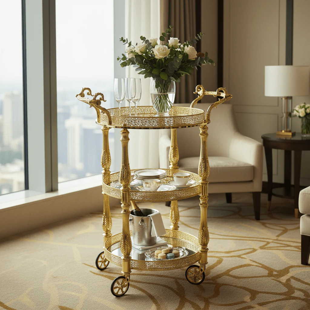 MayFlower 3-Tier Round Gold Metal & Glass Serving Trolley with Ornate Filigree Design and Caster Wheels – 90×50cm | Luxury Hospitality & Majlis Tea Cart | - Image 2