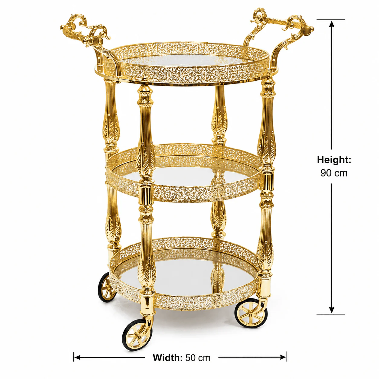 MayFlower 3-Tier Round Gold Metal & Glass Serving Trolley with Ornate Filigree Design and Caster Wheels – 90×50cm | Luxury Hospitality & Majlis Tea Cart | - Image 4