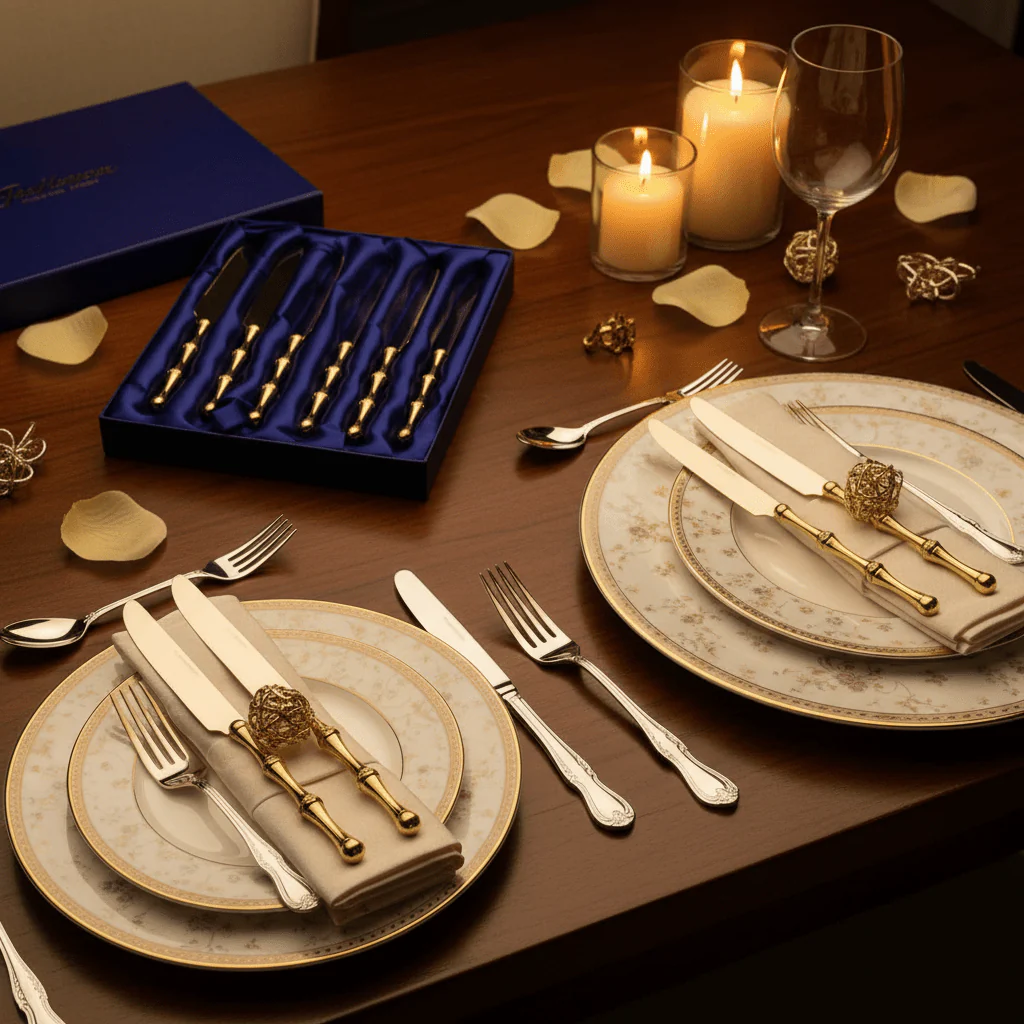 May Flower Gold Finish Stainless Steel Dinner Knife Set (6 pcs) – Elegant Dining Cutlery 23 cm - Image 2
