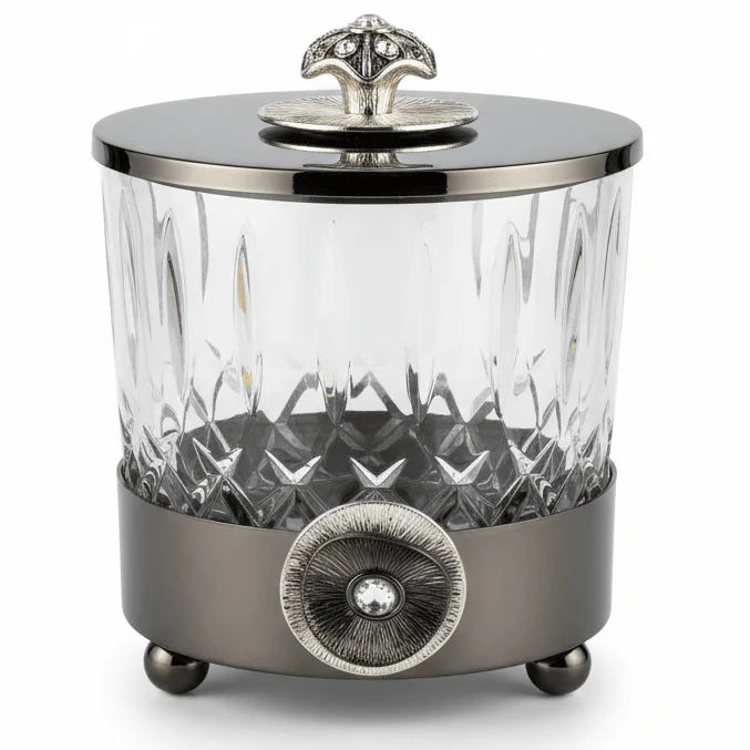 May Flower Luxury Black Metal & Glass Candy Pot with Elegant Lid – Decorative Sweet & Dates Jar 12×12 cm