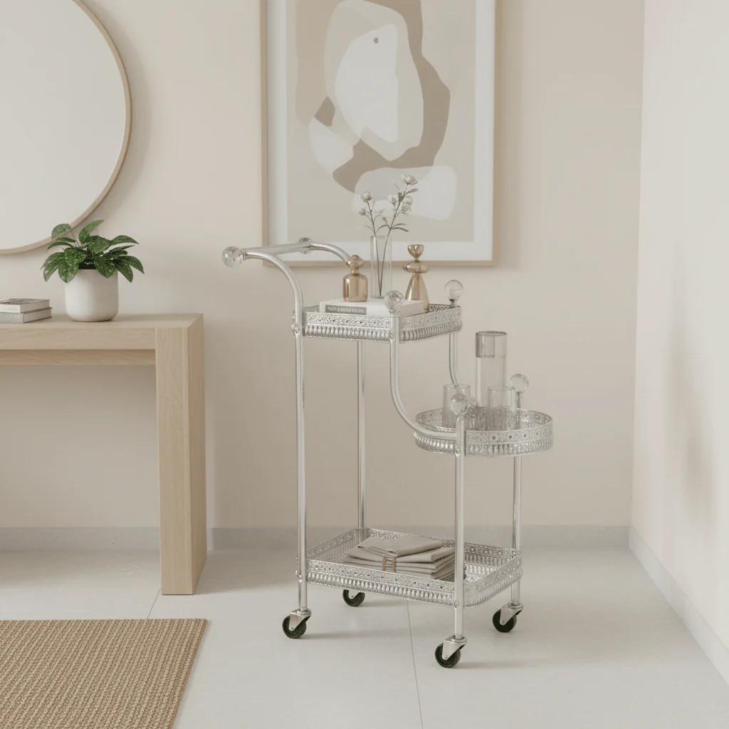 Pilsco 3-Tier Silver Chrome Metal & Glass Serving Trolley Cart with Ornate Filigree Design, Crystal Knob Accents & Rolling Casters | 67cm x 40cm x 30cm | - Image 2