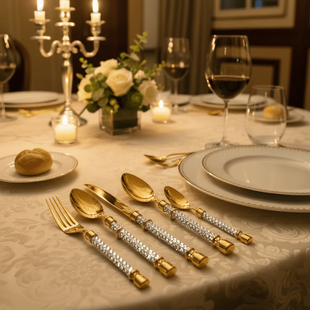 MayFlower Stainless Steel Premium Gold Diamond Handle Full Cutlery Set Luxury Tableware Set for Dining and Gifting – 24 Pieces - Image 2