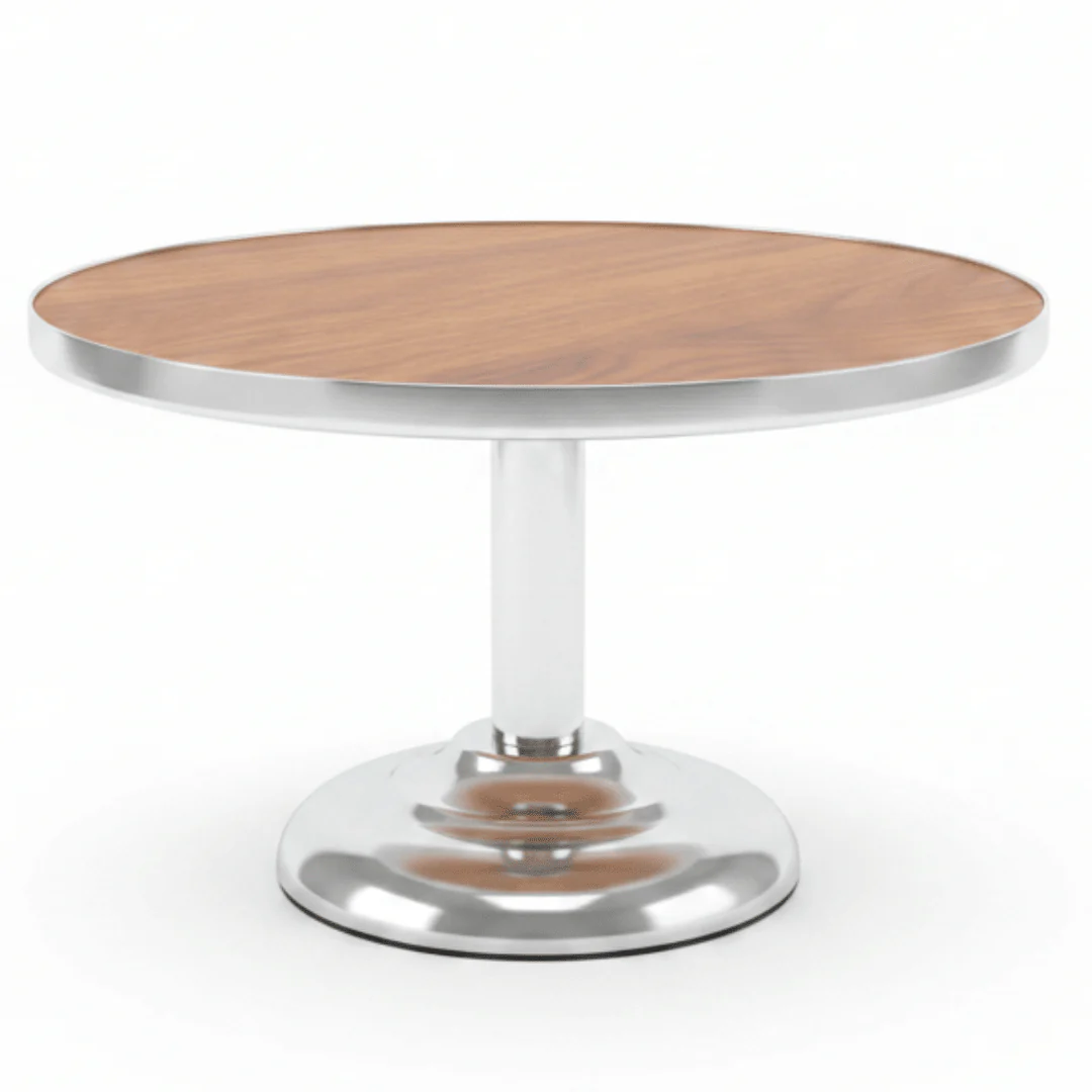 May Flower Round Cake Stand — Acacia Wood & Silver Stainless Steel | 25×15 cm
