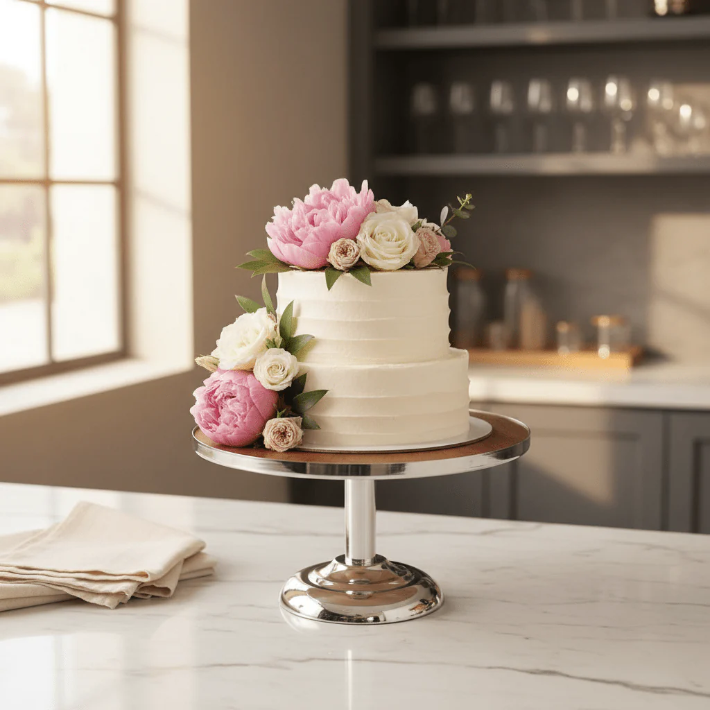 May Flower Round Cake Stand — Acacia Wood & Silver Stainless Steel | 25×15 cm - Image 2