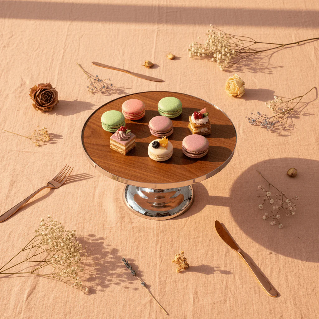 May Flower Round Cake Stand — Acacia Wood & Silver Stainless Steel | 25×15 cm - Image 3