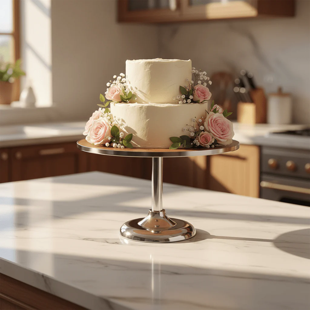 May Flower Round Cake Stand | Wood & Silver Stainless Steel | 35×27cm - Image 2