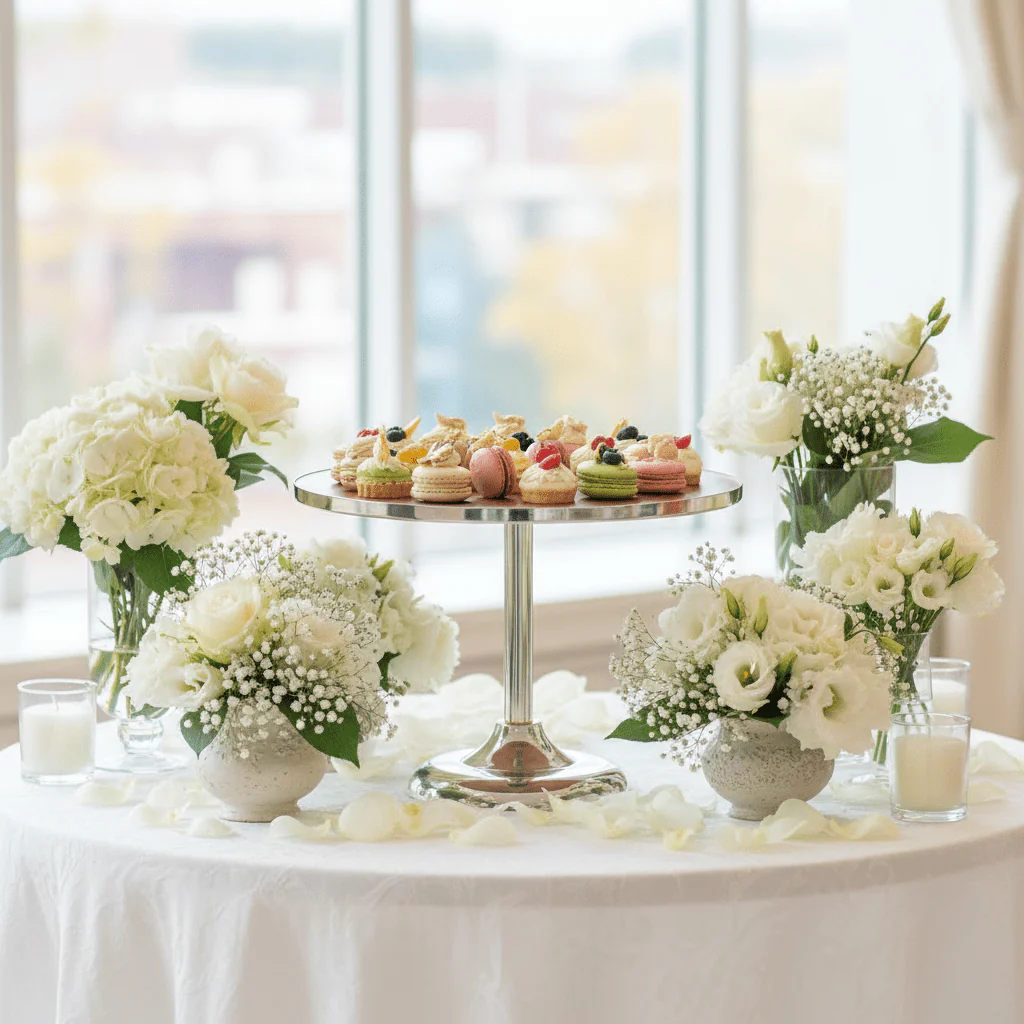 May Flower Round Cake Stand | Wood & Silver Stainless Steel | 35×27cm - Image 4