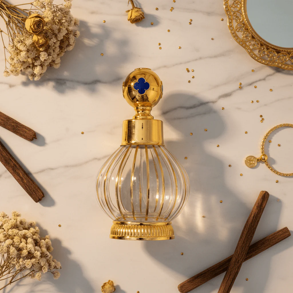 Mayflower Glass Perfume Bottle with Gold Metal Base — 200ml - Navy Blue / Red - Image 4