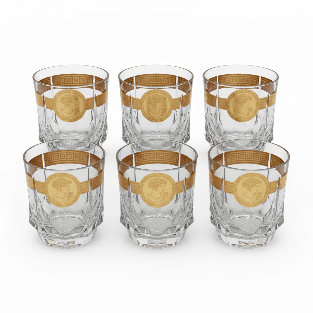 Mayflower 7-Piece Crystal Glass Decanter Set - 1 Decanter & 6 Glasses - Gold Medallion Edition - Image 4