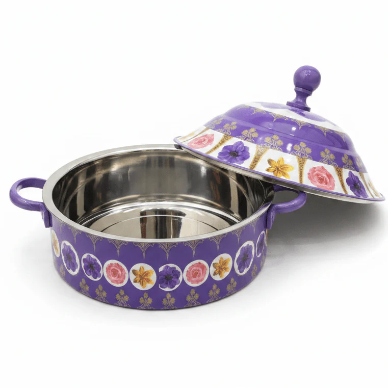 Mayflower Extra Large Stainless Steel Insulated Hotpot with Purple Floral Print High Capacity Serving Pot 8000 ml