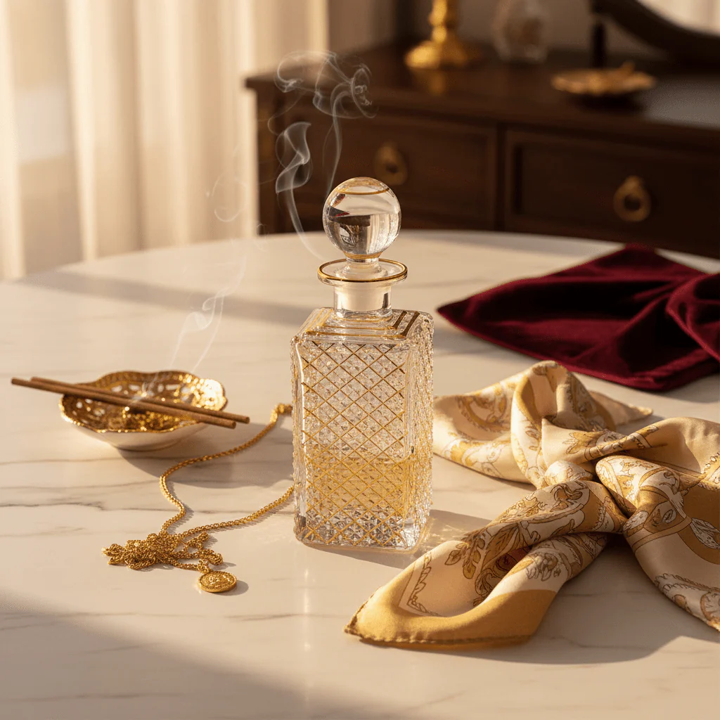 Mayflower Crystal Glass Perfume Bottle with Golden Design — 250ml - Image 2