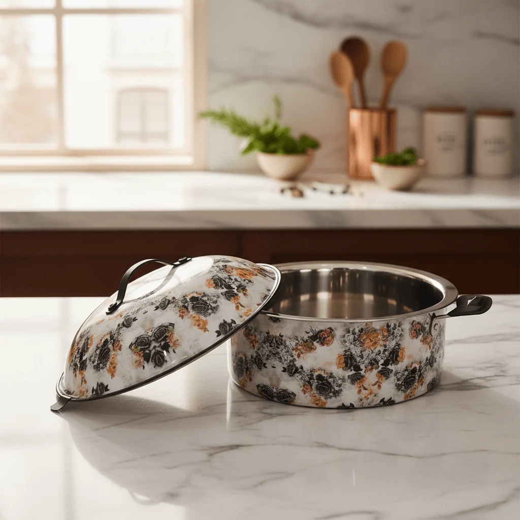 MayFlower Stainless Steel Thermal Hot Pot 2.5L – White with Black Flower Design - Image 4