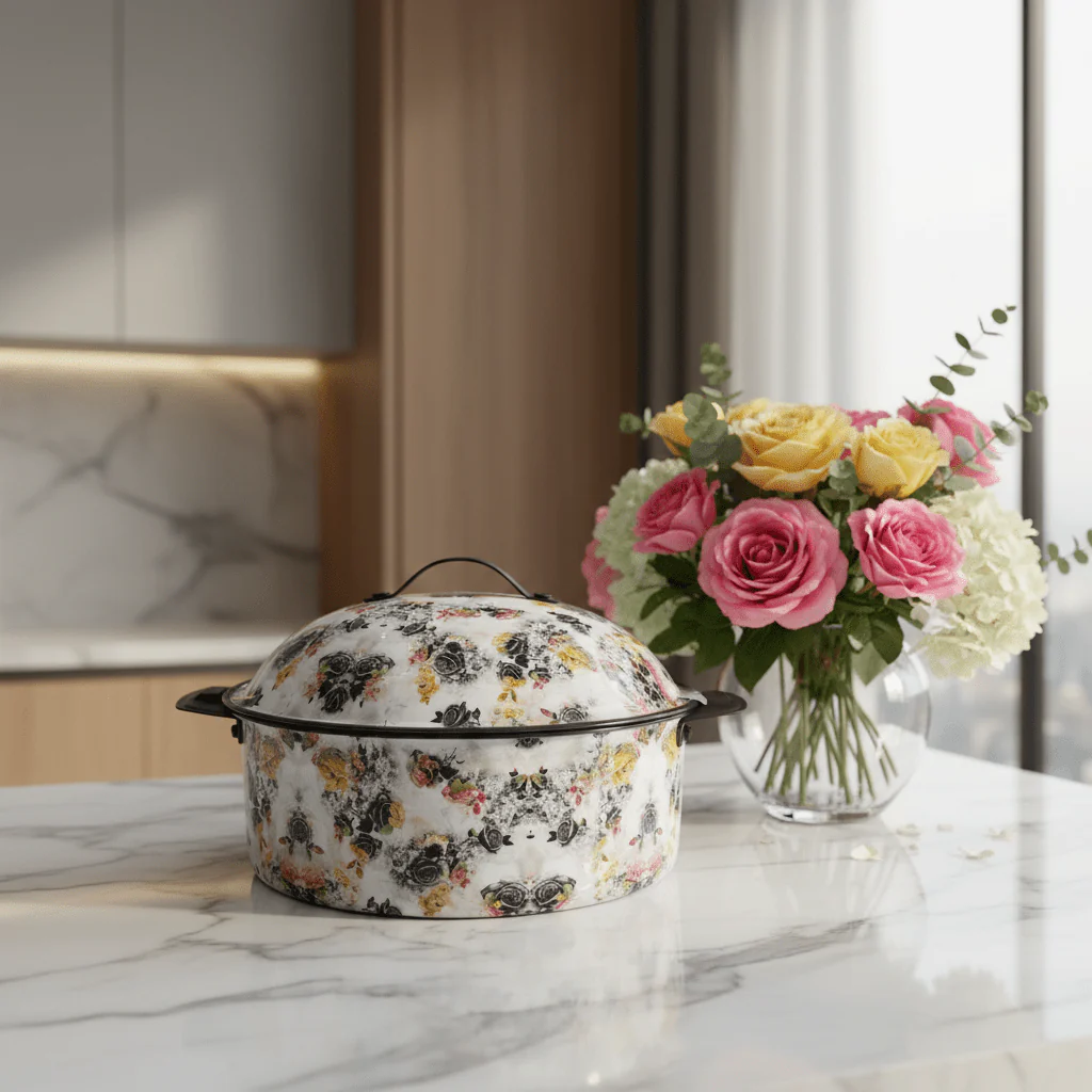 MayFlower Stainless Steel Thermal Hot Pot 2.5L – White with Black Flower Design - Image 3