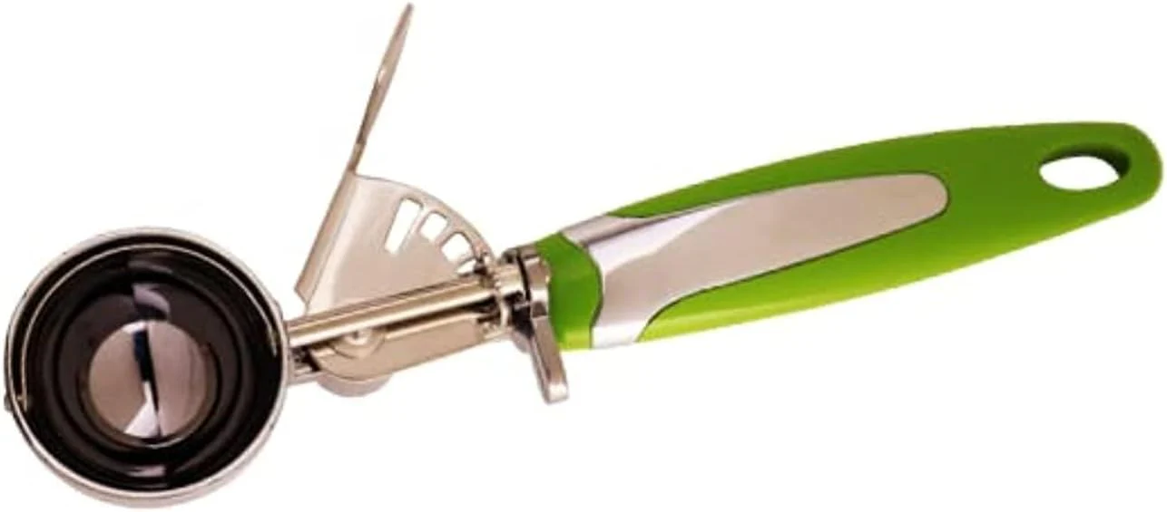 Meadows Ice Cream Scoop Stainless Steel With Plastic Handle Easy Trigger Release Professional Heavy Duty Sturdy Kitchen Tool with Comfortable Handle, for Cookie Dough Baking, Ice Ball Spoon, Fruit Mashed-23cmX5cm-Green&Steel