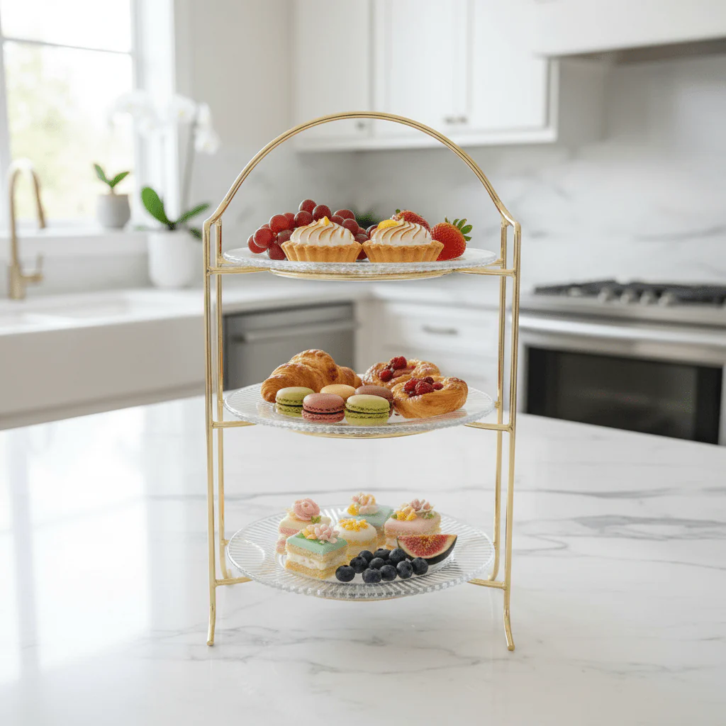 Meera 3-Tier Round Glass & Gold Metal Candy Serving Tray Stand | Elegant Dessert Display Tower for Sweets, Dates & Pastries | 23×50 cm | - Image 2