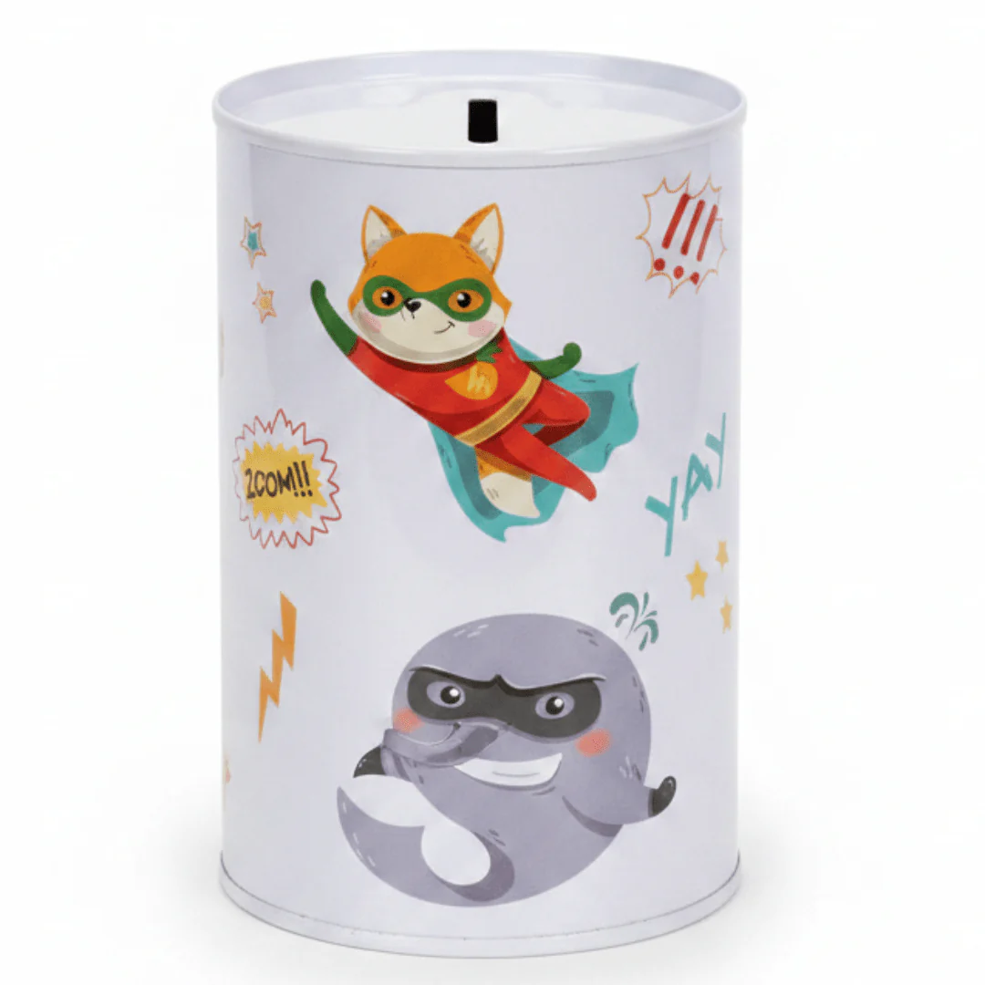 Superhero Cartoon Metal Coin Bank – 12.5cm | Kids Savings Tin Box