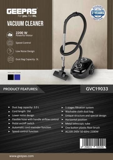 Geepas 2200 W Vacuum Cleaner- GVC19033| 3 L Dust Bag Capacity, 5 M Cord Length| Speed Control Function, Powerful Suction And Low Noise Desig| Pedal ON/OFF Switch And Auto Cord Rewinding|, Black - Image 4
