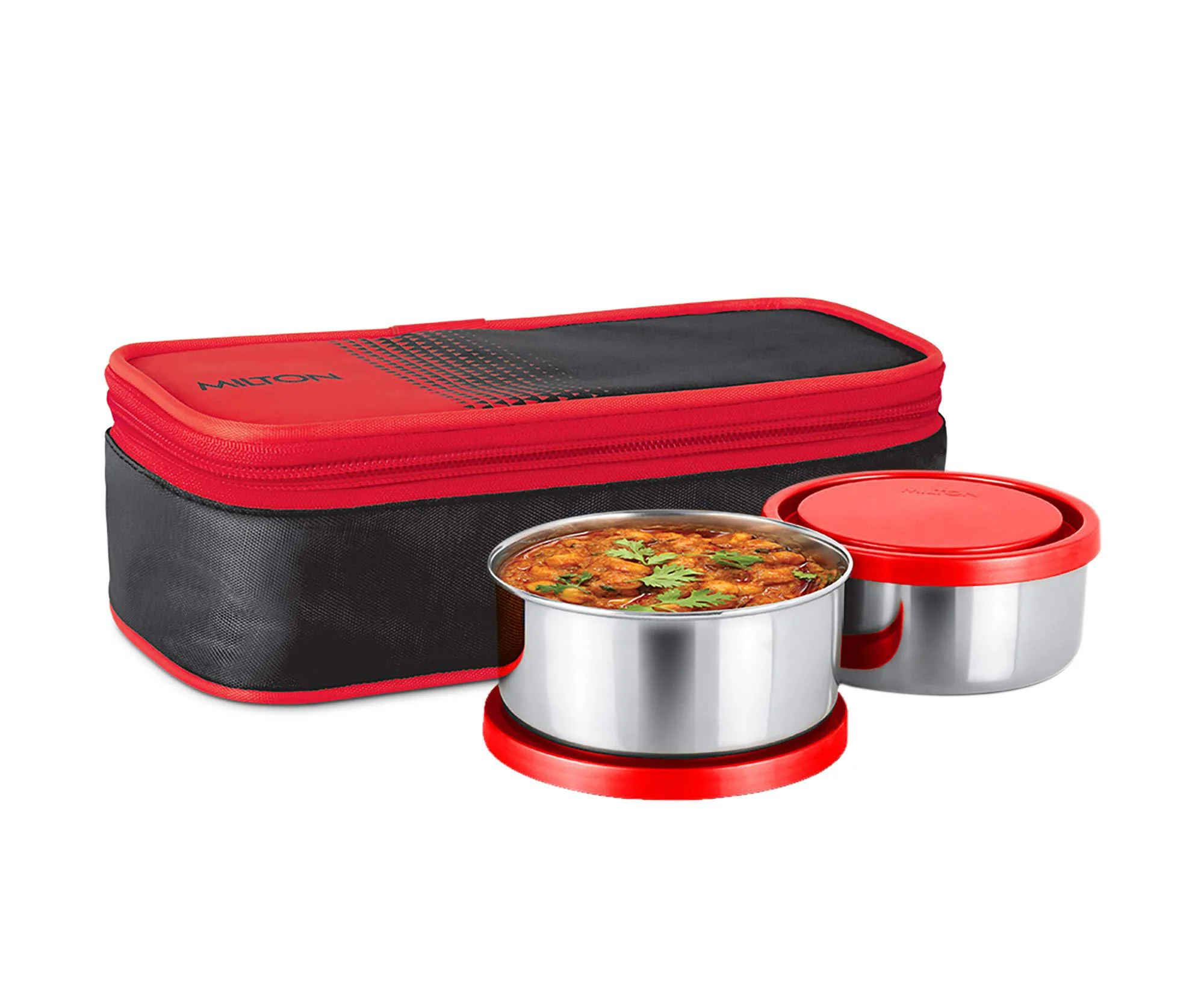 Milton Nourish 2pc Round Lunch Box 300ml+300ml with Bag, Stainless Steel, Red