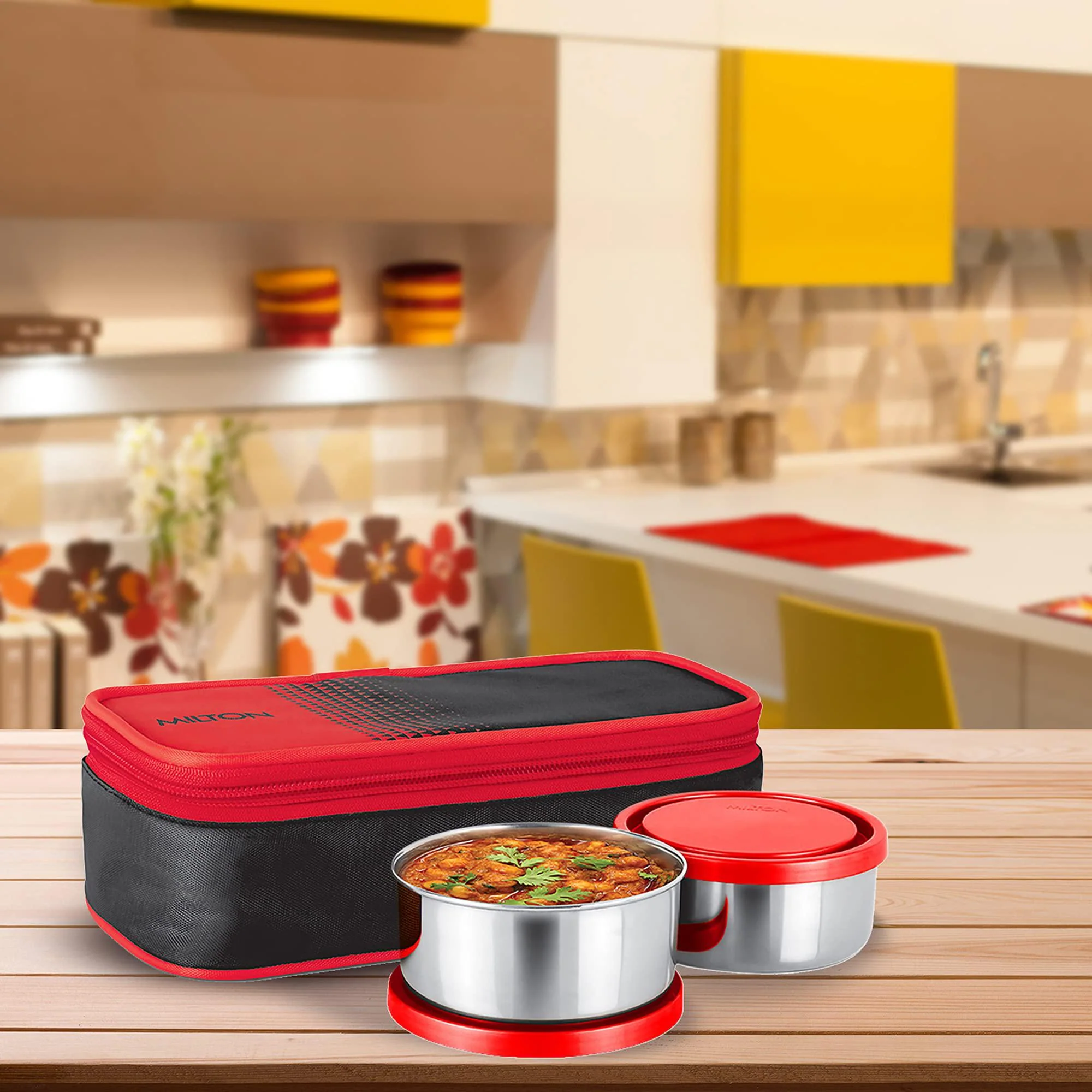 Milton Nourish 2pc Round Lunch Box 300ml+300ml with Bag, Stainless Steel, Red - Image 2