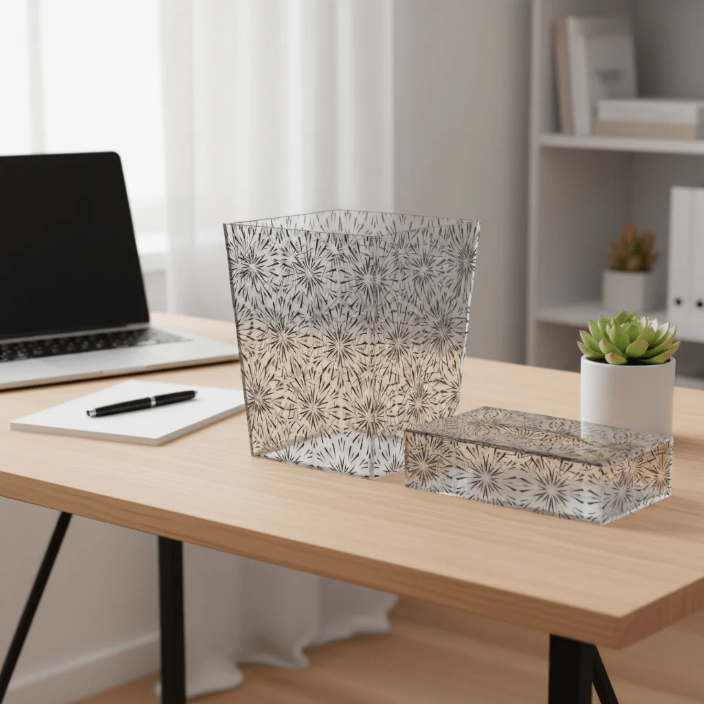 Modern Acrylic Dustbin with Black Design and Matching Tissue Box Set – Sleek Home Accessory – 24.5 × 20 cm & 22 × 12 cm - Image 3