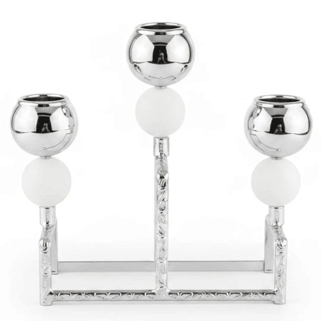 Modern Silver & White Metal 3-Way Candle Holder Stand for Dining and Living Room Décor – 15cm
