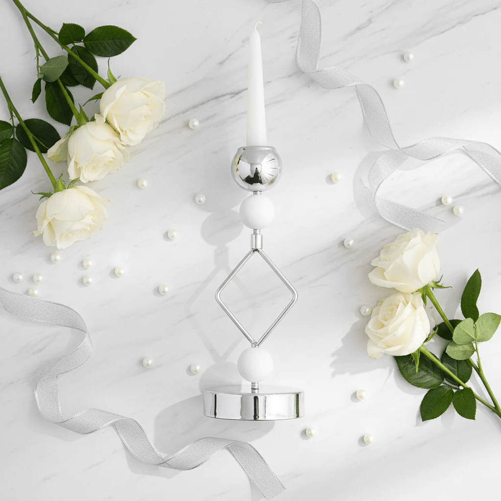 Modern Silver & White Metal Candle Holder for Elegant Home Styling – 21cm - Image 3