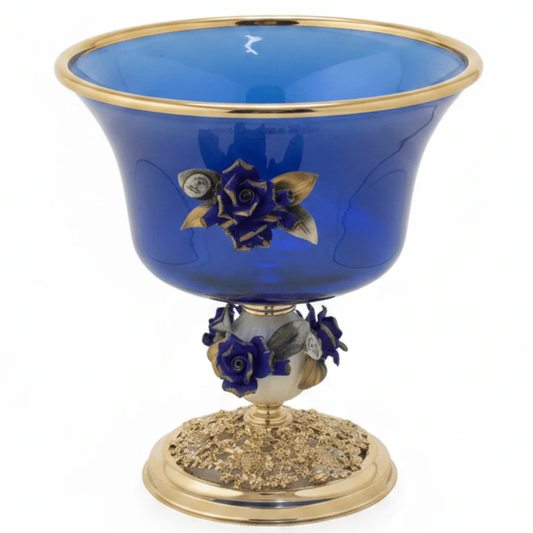 Murano Blue & Gold Decorative Metal Footed Glass Fruit Bowl with Porcelain Floral Design for Luxury Serving – 27 × 27.5 cm