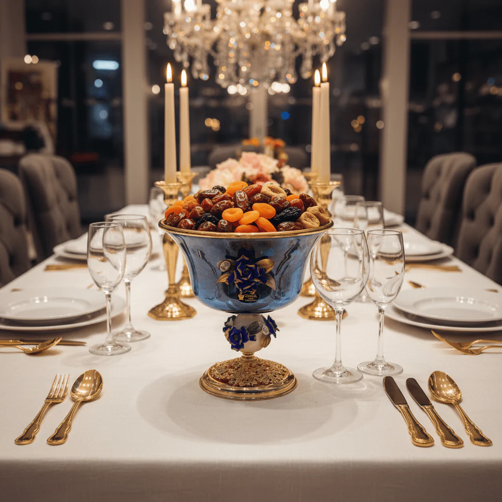 Murano Blue & Gold Decorative Metal Footed Glass Fruit Bowl with Porcelain Floral Design for Luxury Serving – 27 × 27.5 cm - Image 3