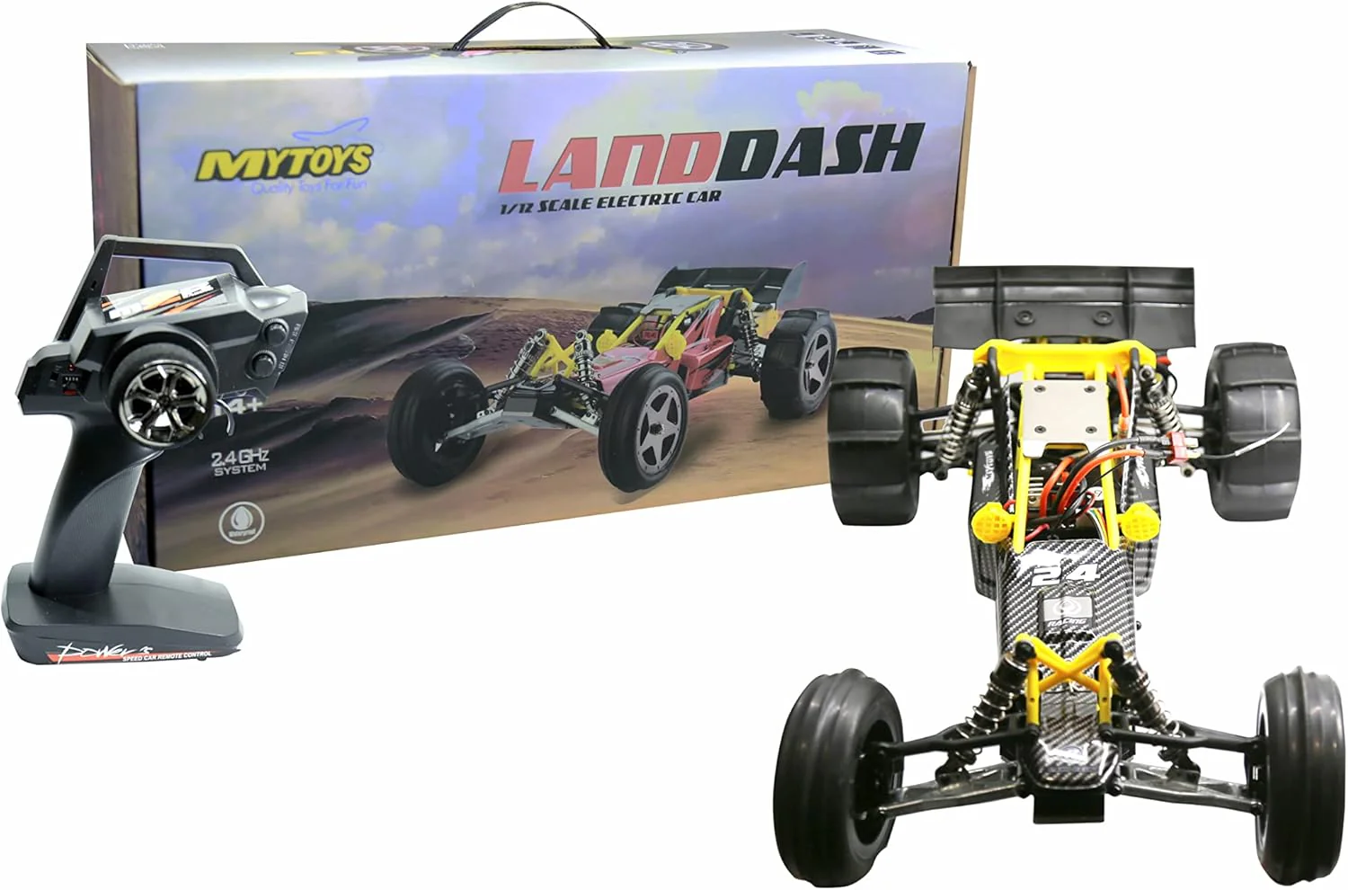 My Toys Land-dash 1:12 Scale Electric Car, 2.4GHz System, Runs in Multi Landscapes, Yellow/Black, MT929