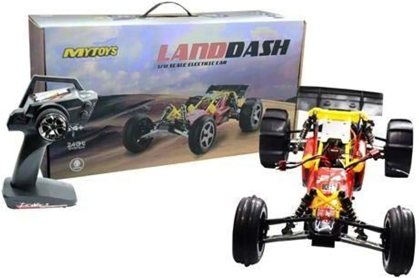 My Toys Land-dash 1:12 Scale Electric Car, 2.4GHz System, Runs in Multi Landscapes, Yellow/Red, MT929