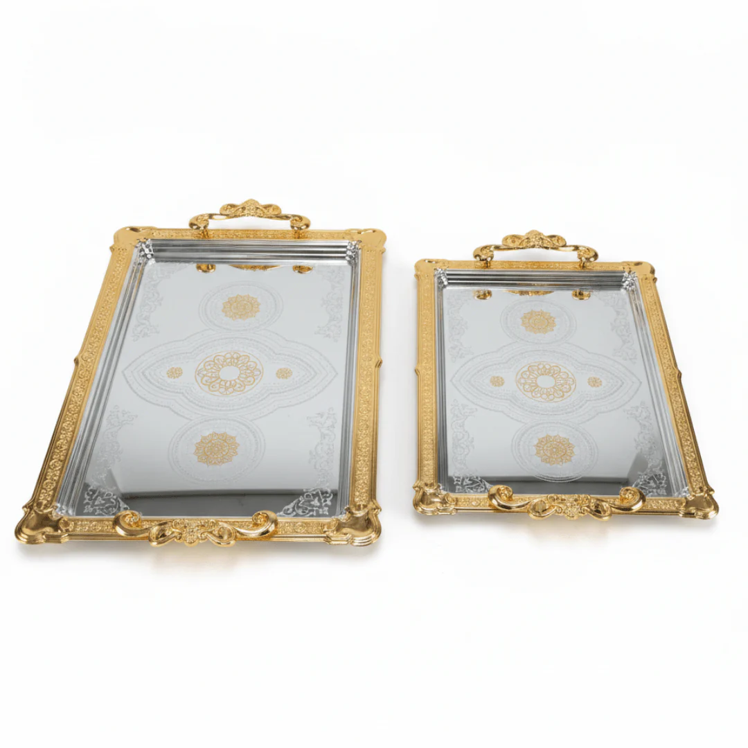 Najib 2-Piece Gold-Bordered Silver Serving Tray Set | Arabic Floral Engraving | 35×25cm & 43×28cm