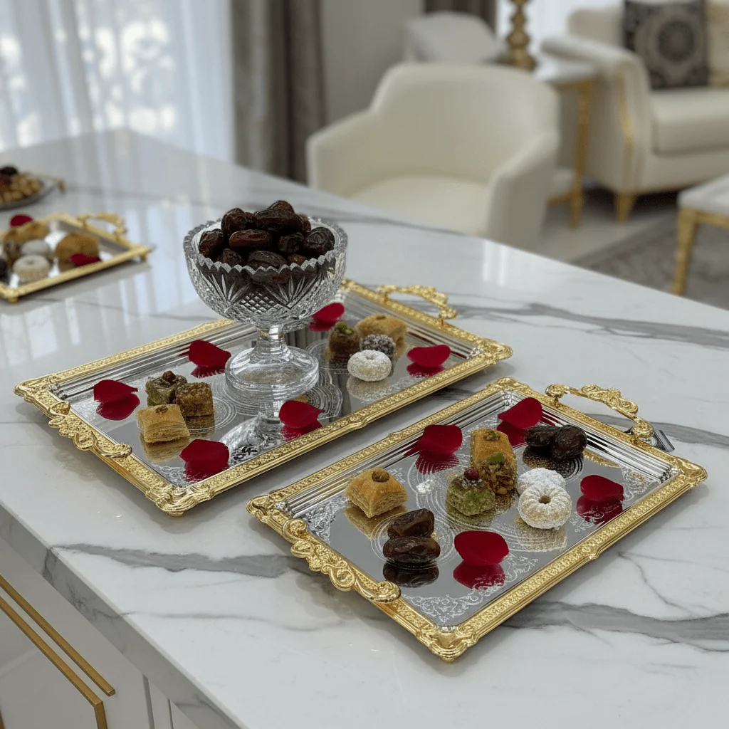 Najib 2-Piece Gold-Bordered Silver Serving Tray Set | Arabic Floral Engraving | 35×25cm & 43×28cm - Image 3