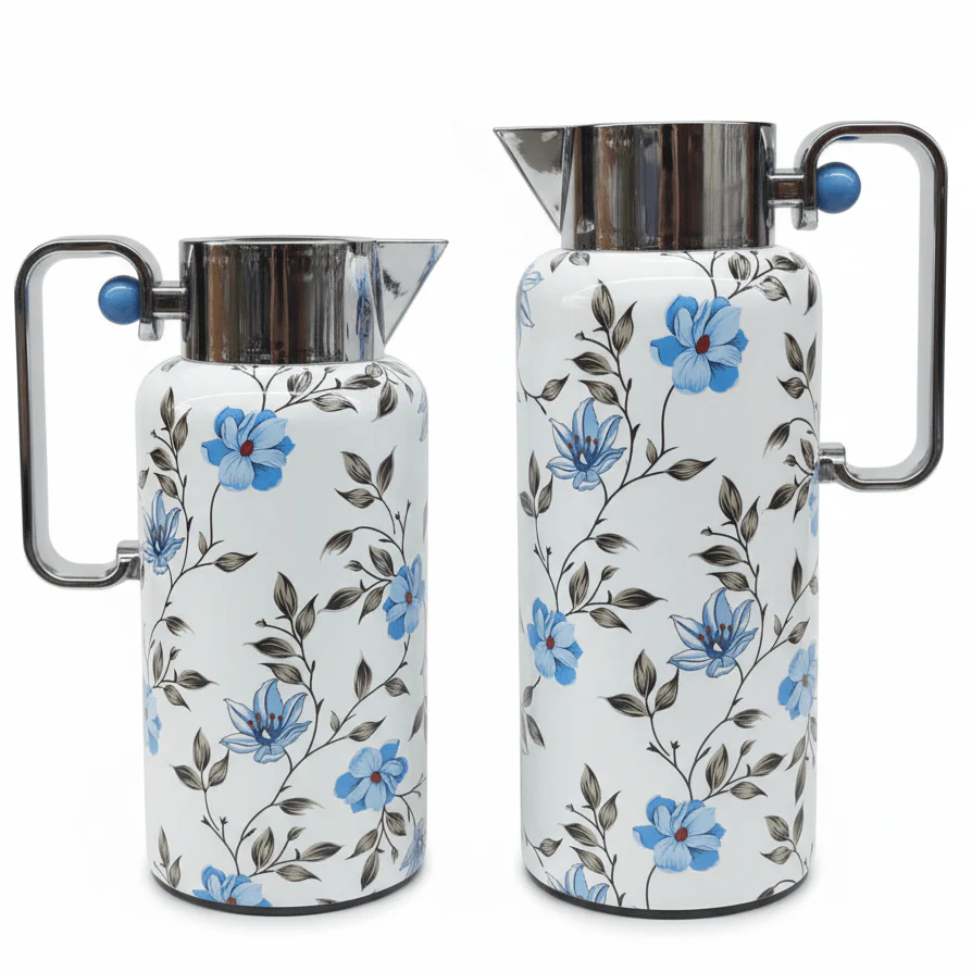 Najib Elegant Blue Floral Insulated Vacuum Flask Duo (0.8L & 1L) – White and Silver Body with Sophisticated Blue Flower Pattern, Long-Lasting Temperature Retention – Design 5
