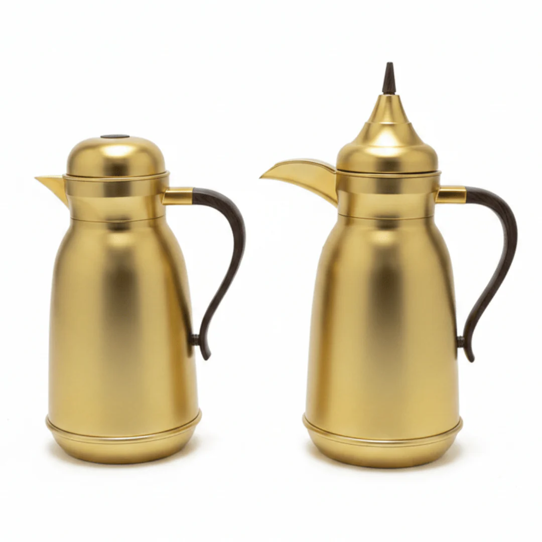 Najib Gold Finish Vacuum Flask with Brown Handle Grip Stylish and Functional Thermal Container 1+1 Liter