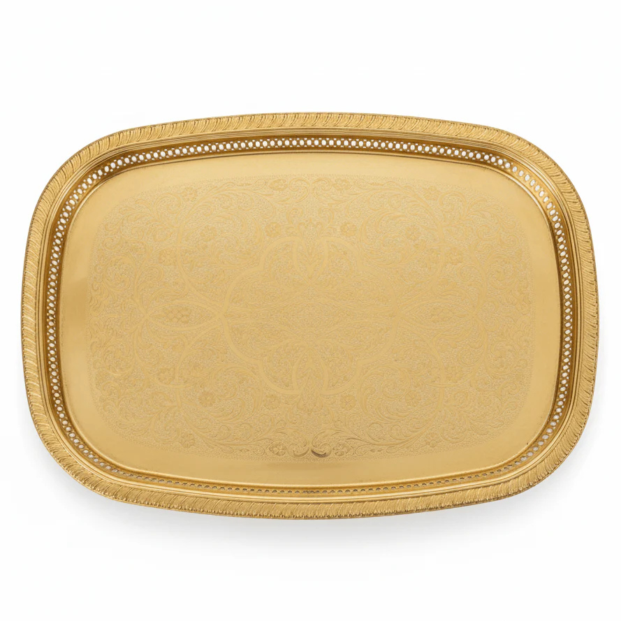 Najib Large Rectangular Gold Stainless Steel Serving Tray, Elegant Decorative Food & Drink Serving Platter for Home Kitchen Dining Table Parties & Events – 55 x 40 cm