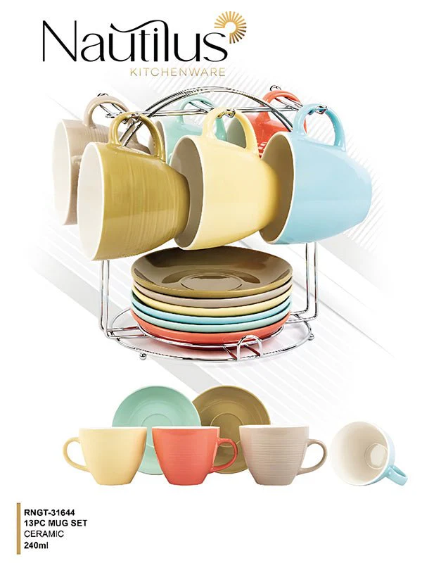 Nautilus 13pcs Ceramic Tea Set Includes 6 Cups 240ml, 6pcs Saucer, 1pc Holder- RNGT-31644 - Image 3