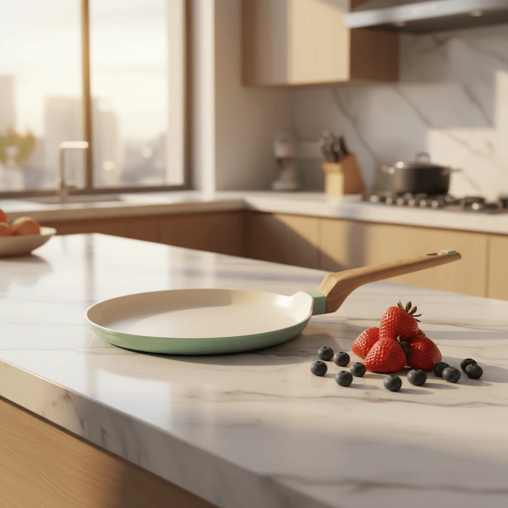 Nautilus Forged Aluminium Crepe Pan 24cm – Cream & Sage Green | Non-Stick | Wooden Handle - Image 3
