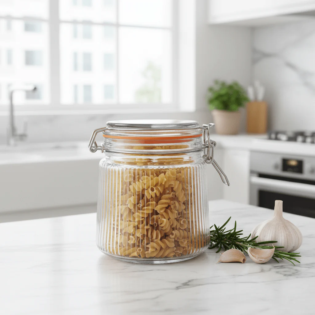 Nautilus Ribbed Glass Clip Jar 800ml | Airtight Bail Latch Storage Jar with Silicone Seal - Image 2