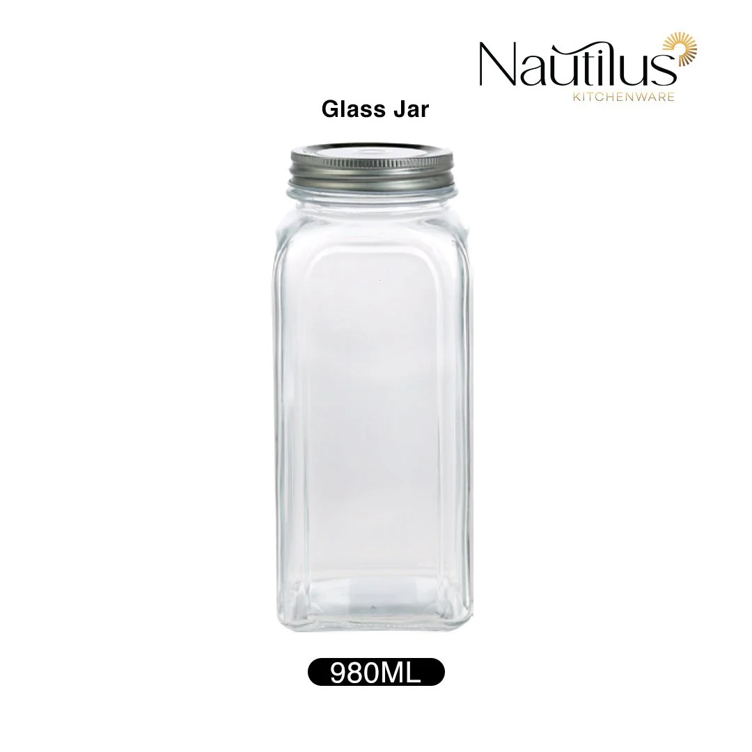 Nautilus Glass Jar 980ml Glass, Non-Toxic and Food-Safe Material, Dishwasher Safe ,With metal lid - Clear