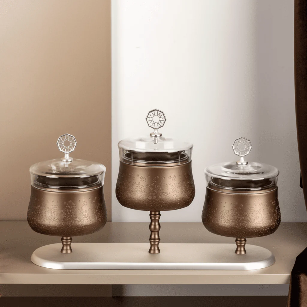 Otantik Nourhan Luxury Bronze Nuts Serving Set with Crystal Lids & Marble Tray - 3 Bowls