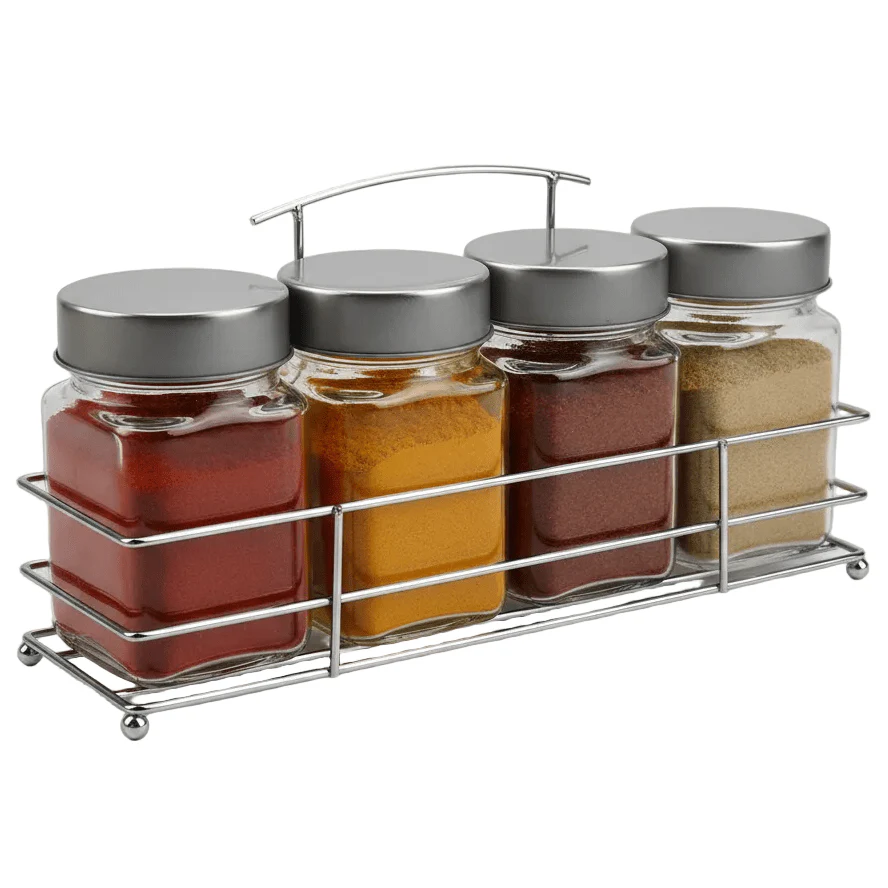 Orchid 4-Piece Glass Spice Jar Set with Chrome Metal Rack - 300ml - Clear Seasoning Containers