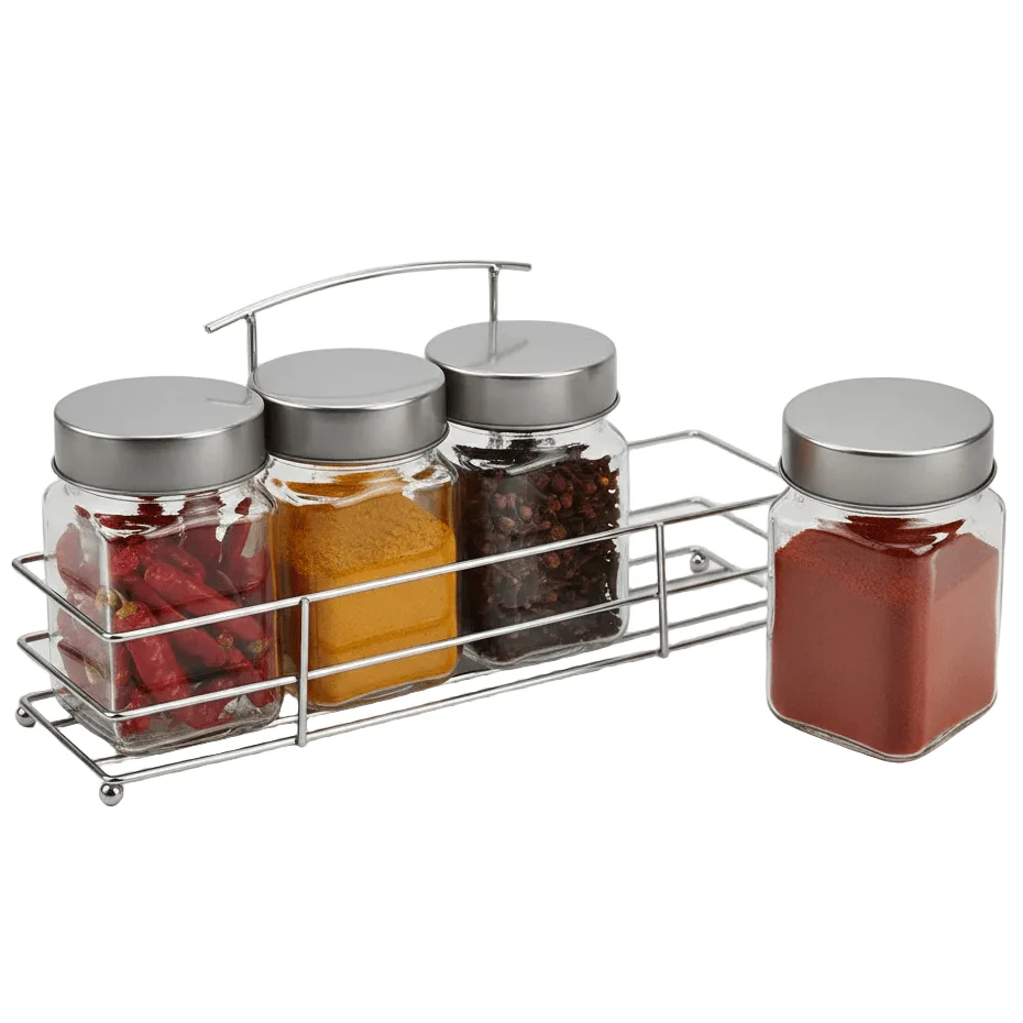 Orchid 4-Piece Glass Spice Jar Set with Chrome Metal Rack - 300ml - Clear Seasoning Containers - Image 2