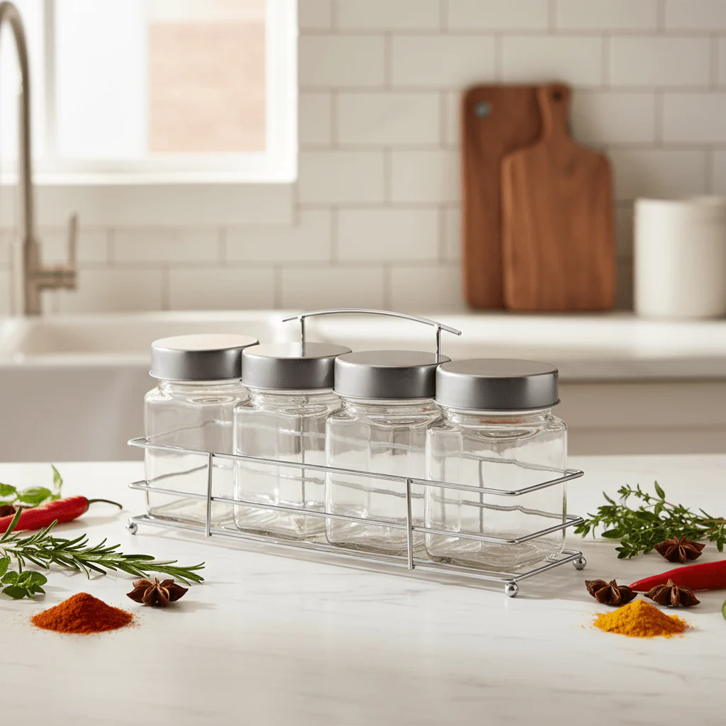 Orchid 4-Piece Glass Spice Jar Set with Chrome Metal Rack - 300ml - Clear Seasoning Containers - Image 3
