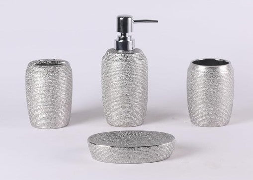 ORCHID 4pcs Ceramic Bathroom Set Shimmer(Soap Dispenser 300ml, Toothbrush Cup, Toothbrush Holder, Soap Dish), Silver