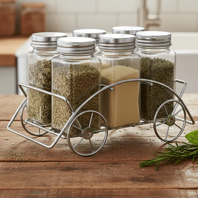 Orchid 6-Piece Glass Spice Jar Set with Chrome Cart Stand - Image 3